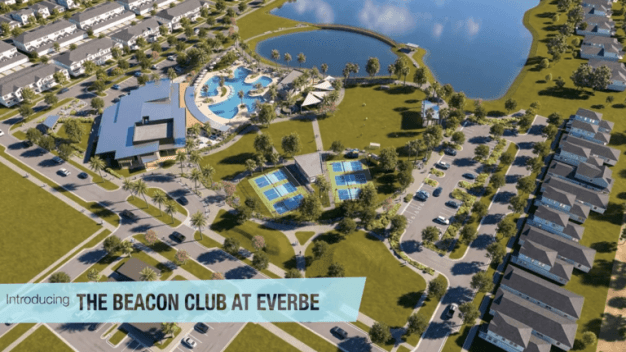 Aerial rendering of a residential community featuring a clubhouse, swimming pool, and tennis courts near a lake, with text overlay: Introducing The Beacon at EverBe.