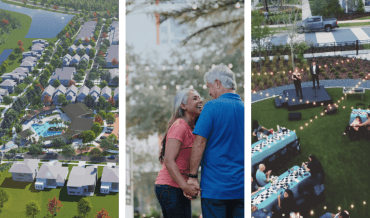 Older couple smiling holding hands next to an aerial shot of homes at EverBe in Orlando Florida and a young couple taking a selfie in front of a colorful mural