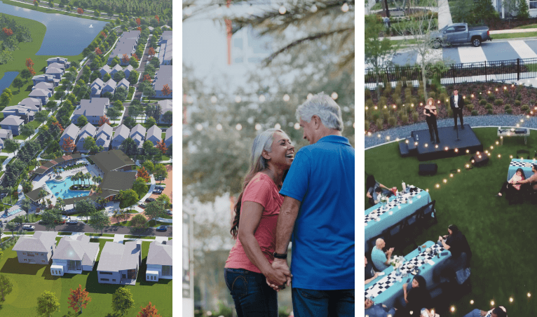 Older couple smiling holding hands next to an aerial shot of homes at EverBe in Orlando Florida and a young couple taking a selfie in front of a colorful mural